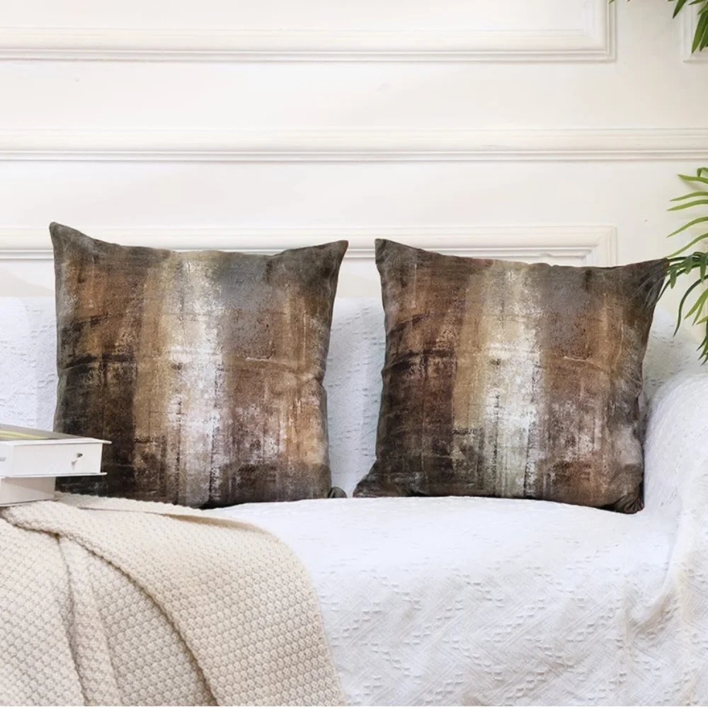 Luxury Home | Set of 2 Modern Brown Abstract Oil Painting Throw Pillow Covers